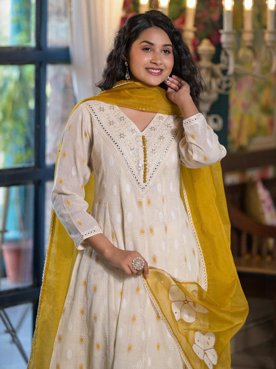 Aavanya Mustard Cotton Regular Anarkali V-Neck Sequinned Kurta and Trouser with Dupatta
