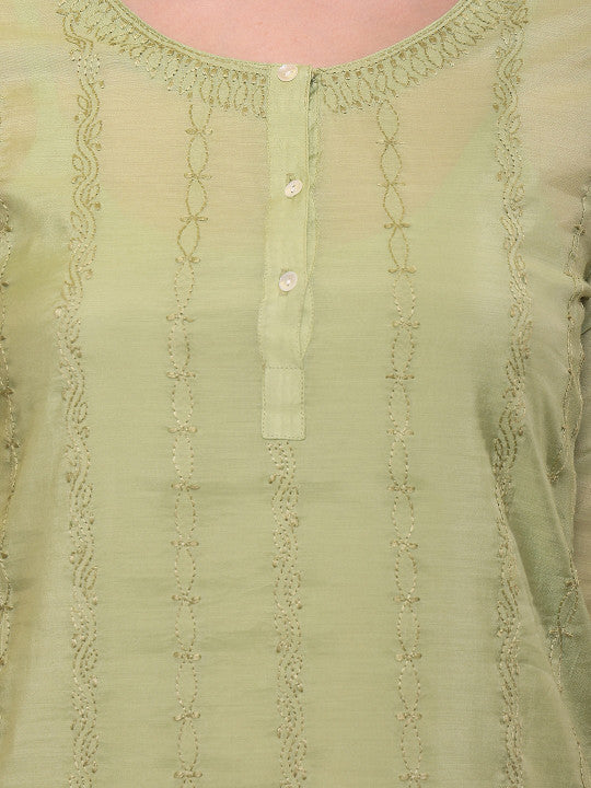 House of Pataudi Chikankari Embroidered Straight Kurta With Trouser & Dupatta Set