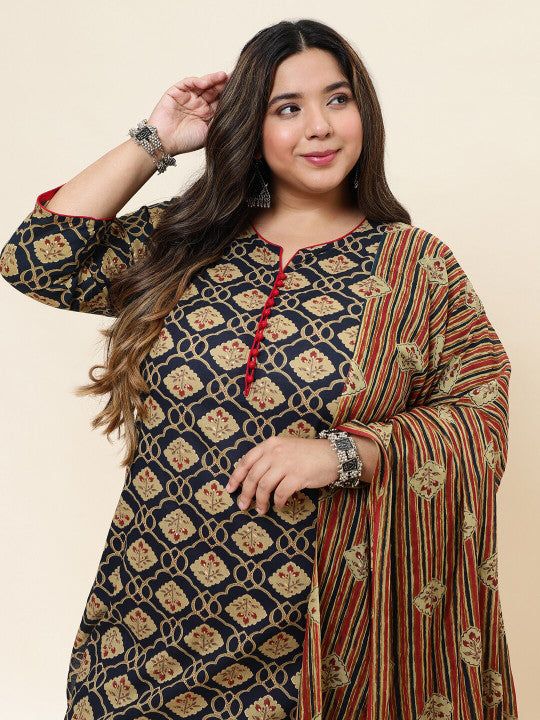 Sringam Round Neck Floral Printed Regular Pure Cotton Kurta with Trousers & With Dupatta