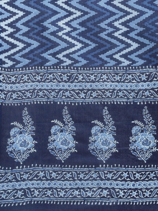 AHIKA Women Blue & Off-White Ethnic Motifs Print Cotton Kurta with Trousers & Dupatta