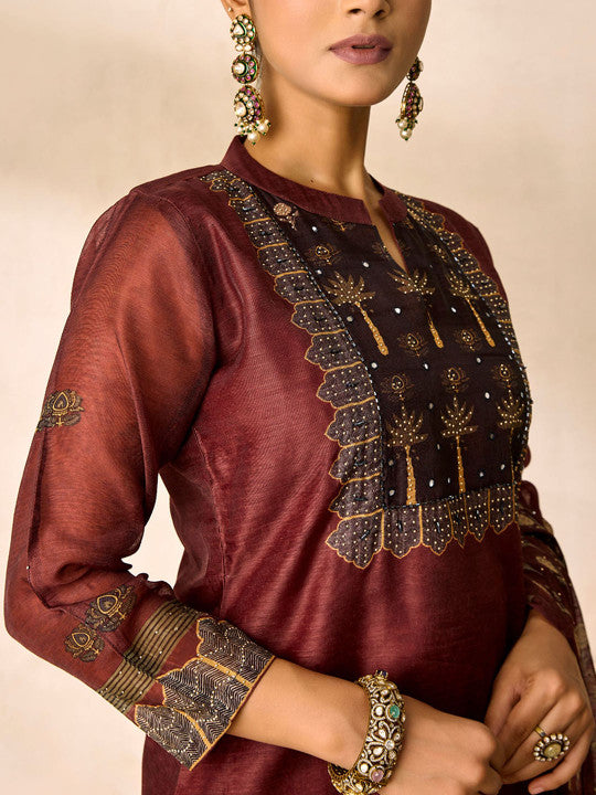 WOMEN PLUS Plus Size Ethnic Motifs Yoke Design Chanderi Silk Kurta With Trousers & Dupatta