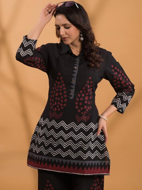 Printed Pure Cotton Shirt Collar Neck Tunic With Palazzo Co-Ords