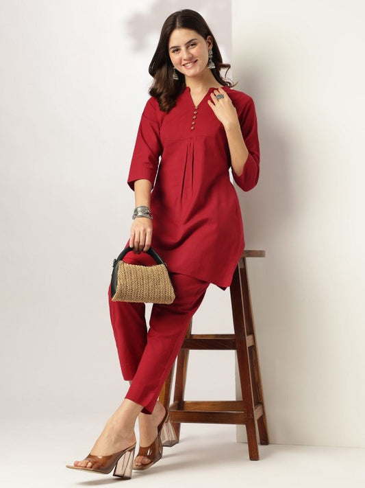 Janasya Women's Maroon Linen Cotton Solid A-line Co-ord Set