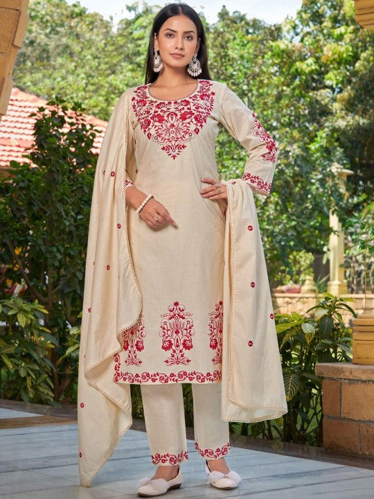 AUTUMN LANE Wespa Misri Embroidered Thread Work Pure Cotton Kurta & Trouser & Dupatta