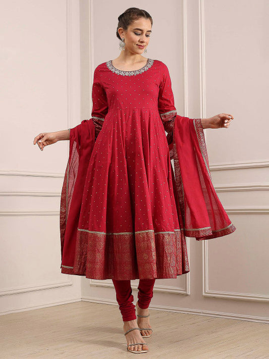 Biba Ethnic Motifs Printed Mirror Work Pure Cotton Kurta With Churidar & Dupatta