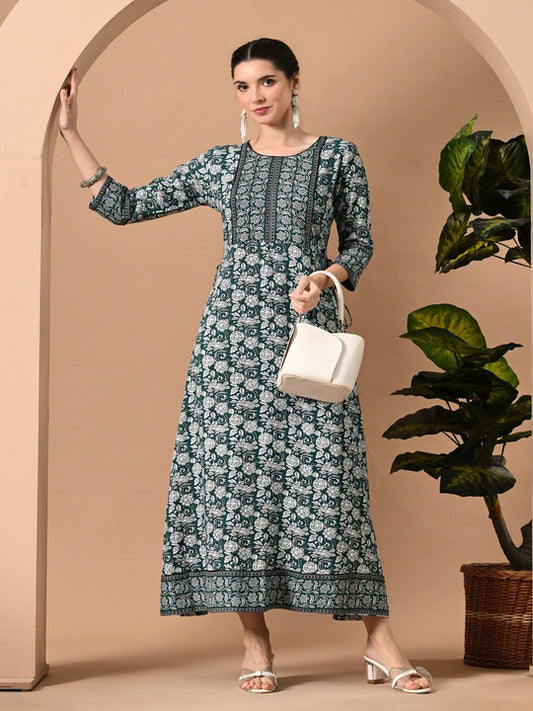 Floral Printed Round Neck A-Line Ethnic Dress