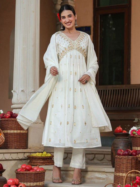 Women Off White Pure Cotton Embroidered A-line Kurta