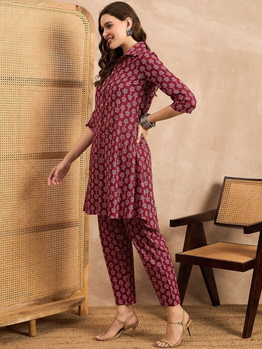 ANEKYA Floral Printed Shirt Collar Three-Quarter Sleeves Pure Cotton Top With Trouser