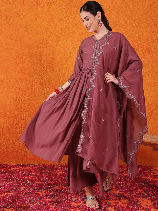DIVASTRI Floral Yoke Design Regular Pure Silk Anarkali Kurta
