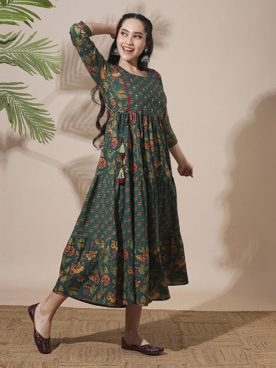 Globus Floral Printed Abla Work Waist Tie-Up Detailing A-Line Tiered Midi Workwear Dress