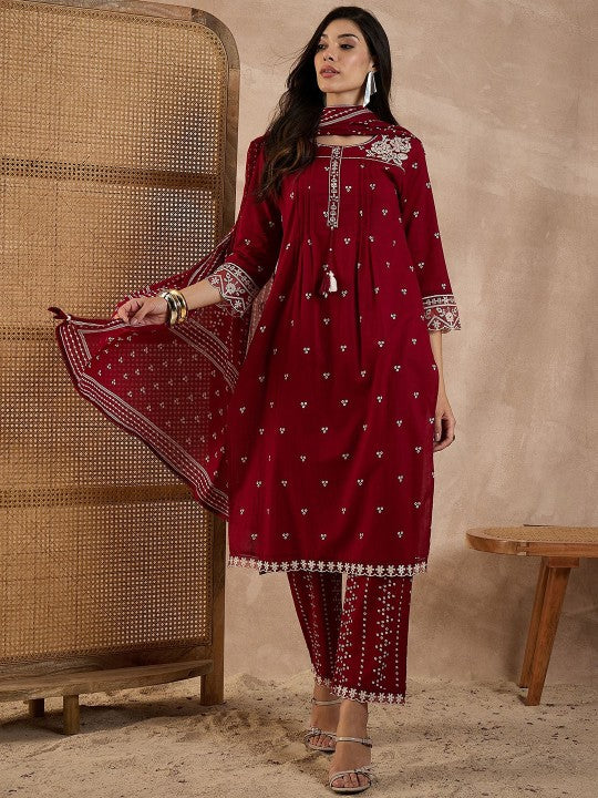 CHETI Women Bandhani Printed Cotton Kurta with Trousers & Dupatta