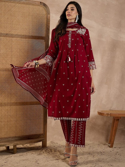 CHETI Women Bandhani Printed Cotton Kurta with Trousers & Dupatta