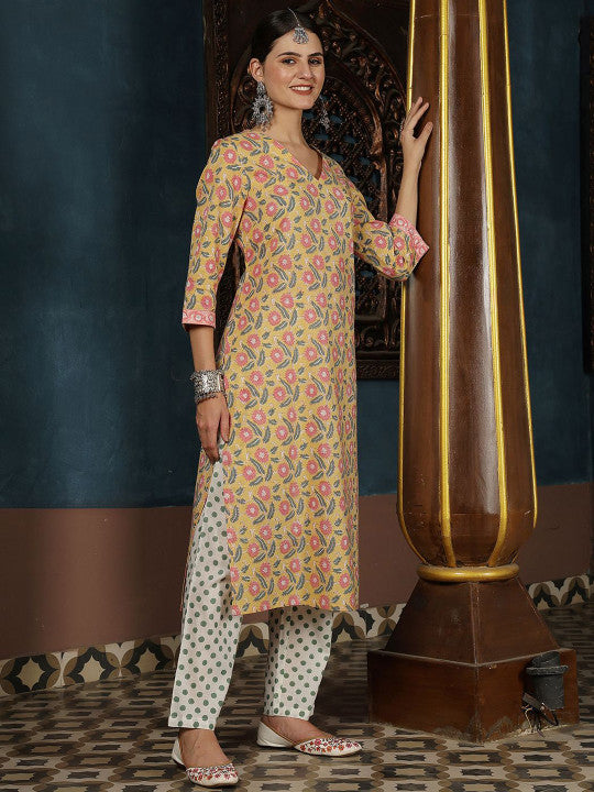 Taavi Women Hand Block Print V-Neck Pure Cotton Straight Kurta & Trouser With Dupatta