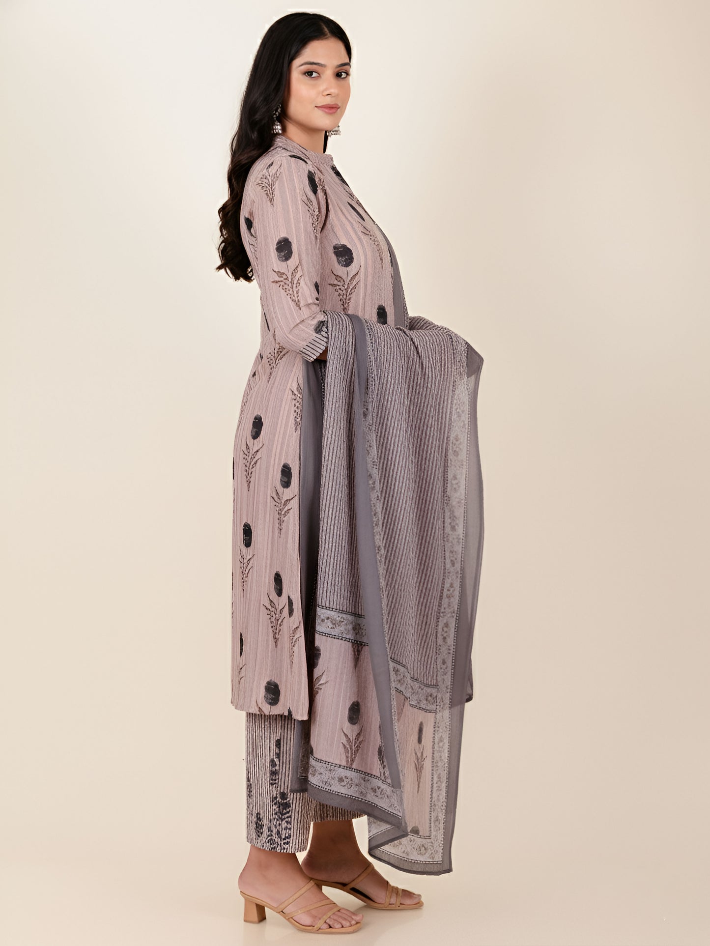 Soft Cotton Floral A-line Grey Kurta