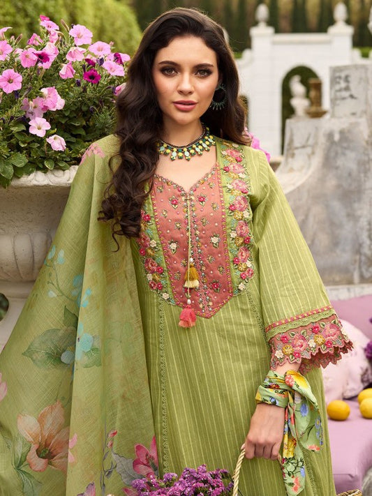 Indo Era Women Floral Embroidered Regular Thread Work Cotton Kurta with Trousers & Dupatta