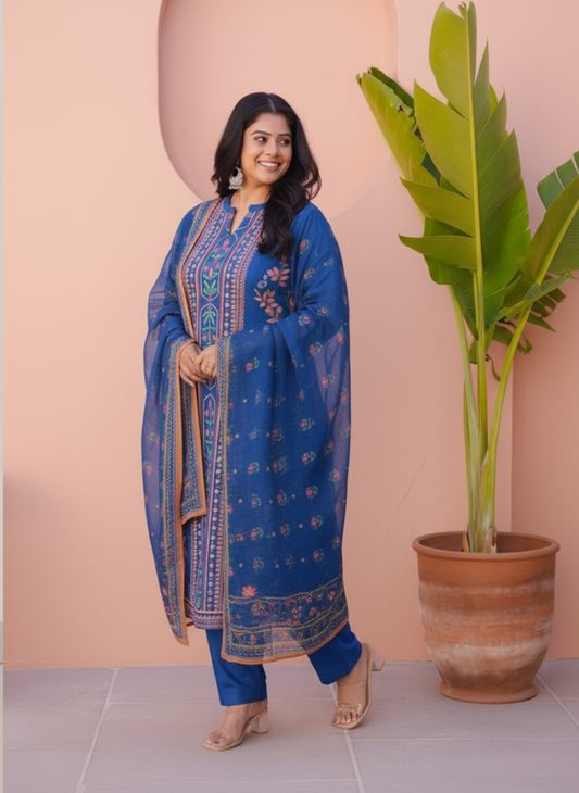 Embroidered Viscose Placement Print Straight Blue Kurta