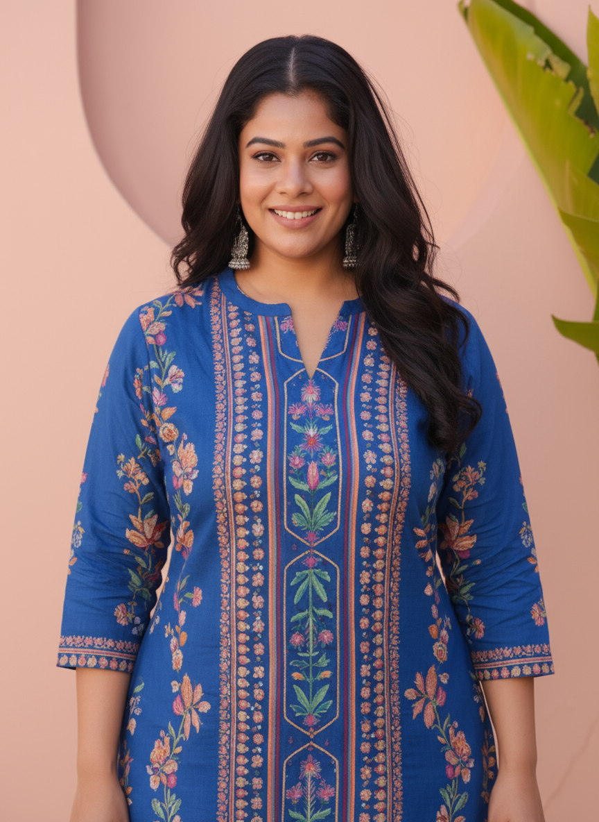 Embroidered Viscose Placement Print Straight Blue Kurta
