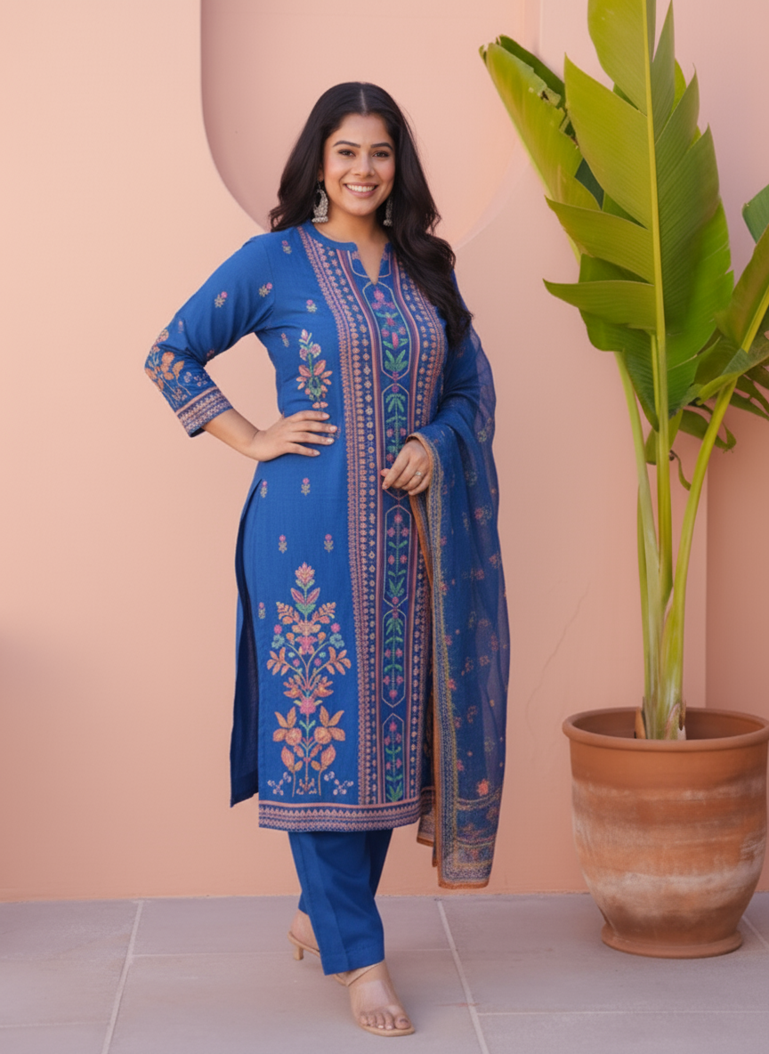 Embroidered Viscose Placement Print Straight Blue Kurta