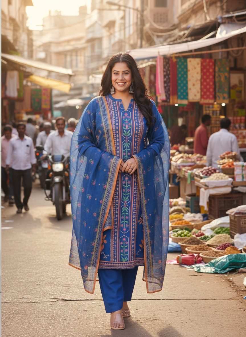 Embroidered Viscose Placement Print Straight Blue Kurta