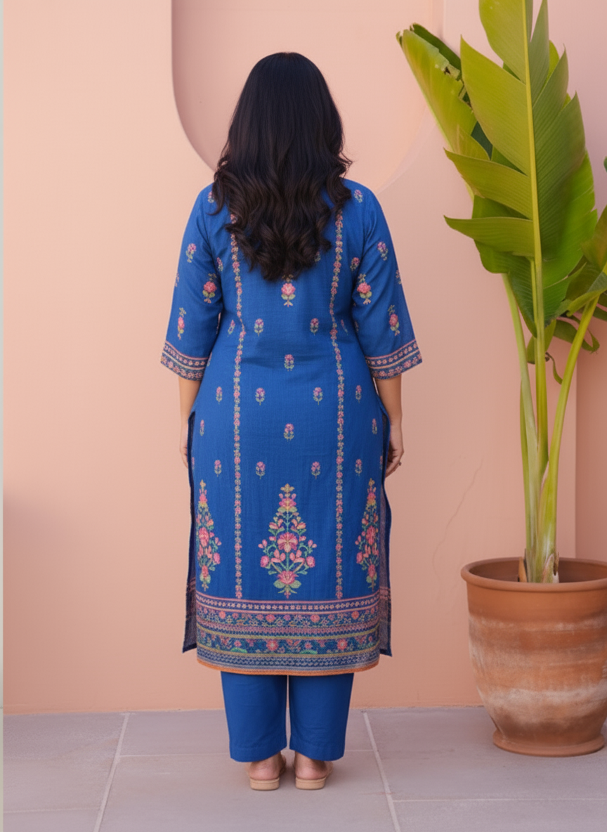 Embroidered Viscose Placement Print Straight Blue Kurta