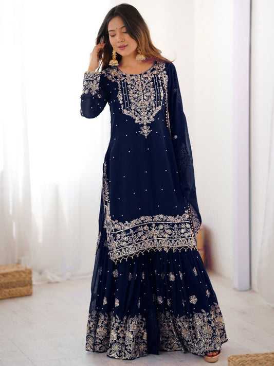 Fusionic Women Ethnic Motifs Embroidered Beads and Stones Kurta with Sharara & Dupatta