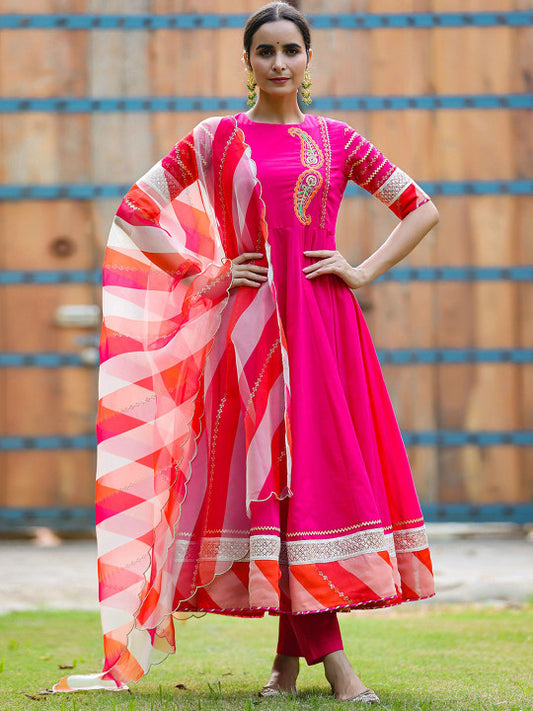 GILLORI Paisley Embroidered Yoke Design Pure Cotton Kurta With Trousers & Dupatta