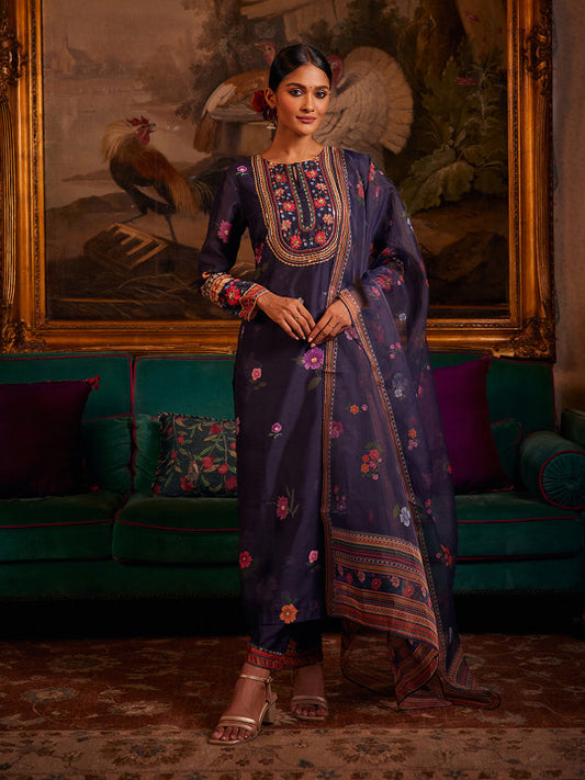 WISHFUL Floral Printed Sequinned Straight Kurta With Trousers & Dupatta