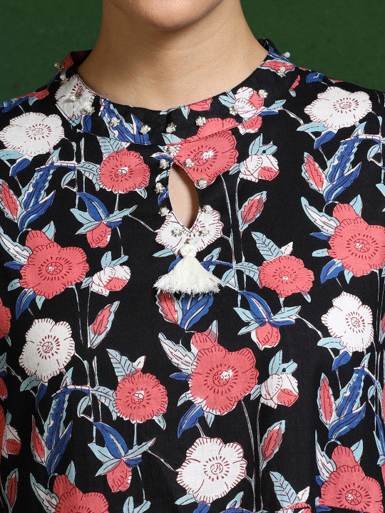 Jaipur Kurti Floral Printed Pure Cotton A-Line Ethnic Dress