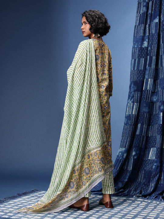 Taavi Bagru Floral Printed Pure Cotton Kurta with Trousers & Dupatta