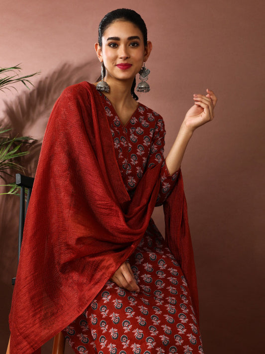 Jaipur Kurti Floral Printed V-Neck Pure Cotton Straight Kurta With Trousers & Dupatta
