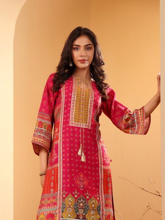 Varanga Ethnic Motifs Printed Sequinned Chanderi Silk Kurta with Trousers And Dupatta