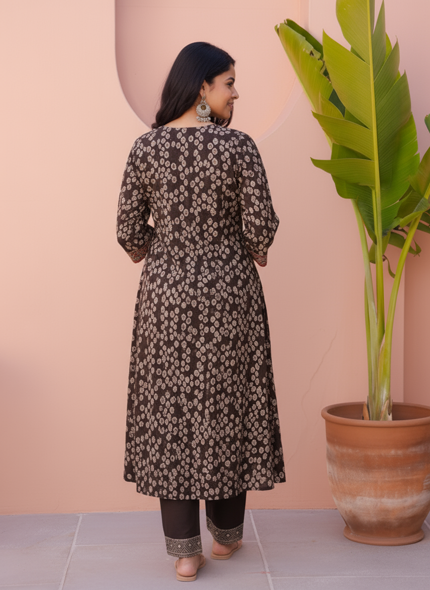 Embroidered Soft Cotton Placement Print Straight Charcoal Kurta