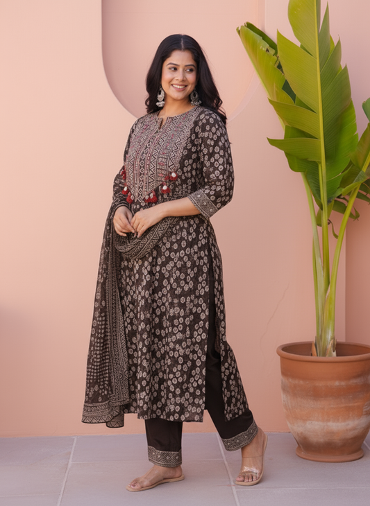 Embroidered Soft Cotton Placement Print Straight Charcoal Kurta