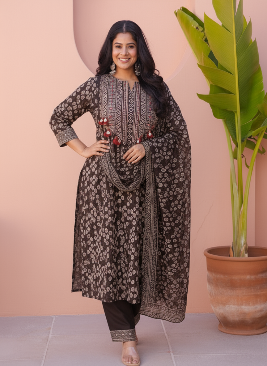 Embroidered Soft Cotton Placement Print Straight Charcoal Kurta