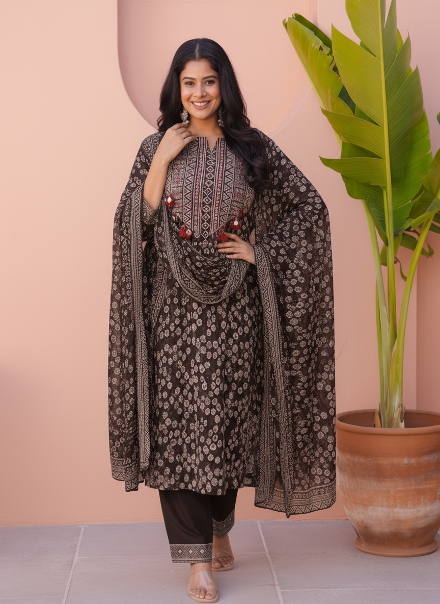 Embroidered Soft Cotton Placement Print Straight Charcoal Kurta