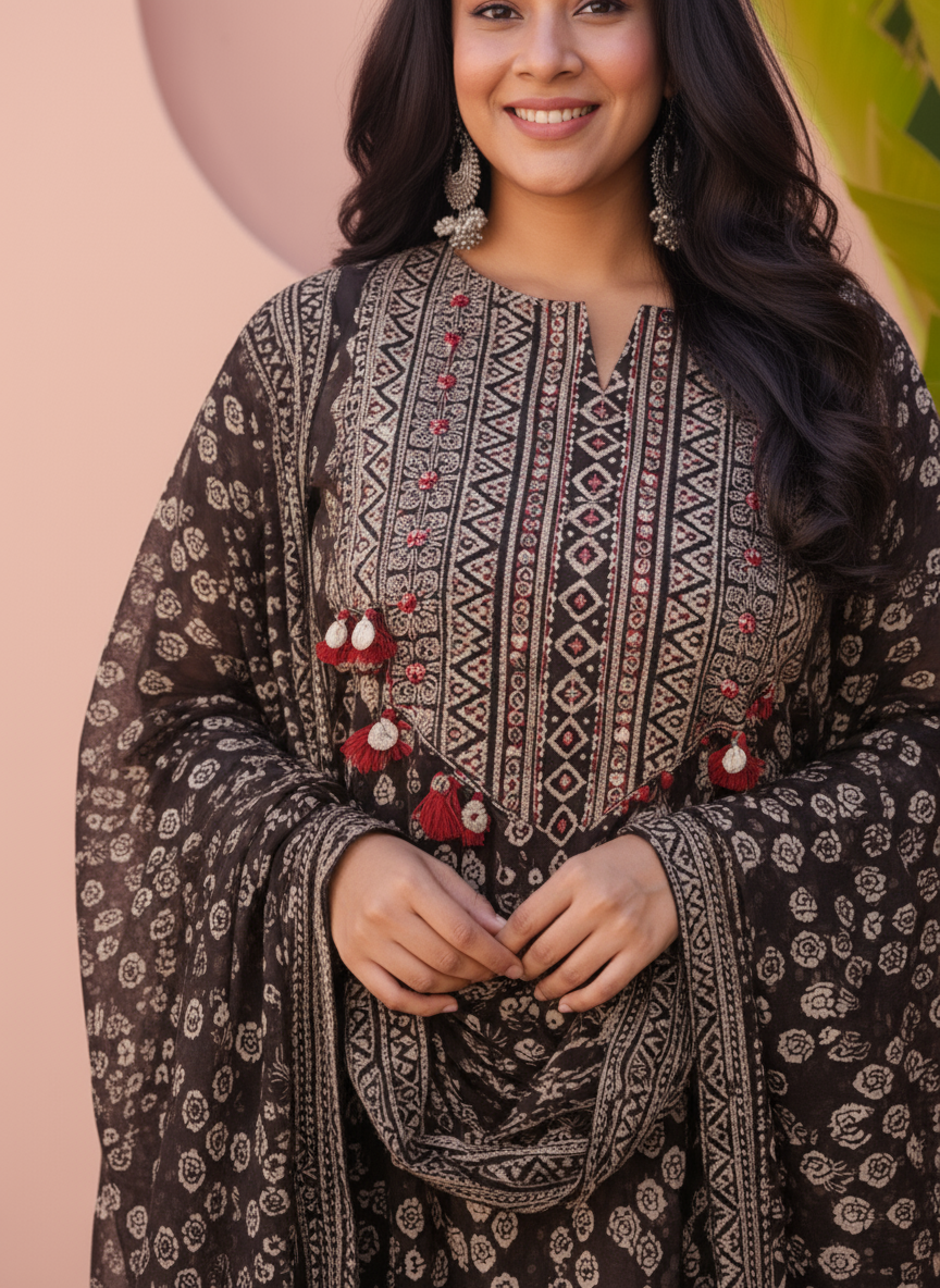 Embroidered Soft Cotton Placement Print Straight Charcoal Kurta