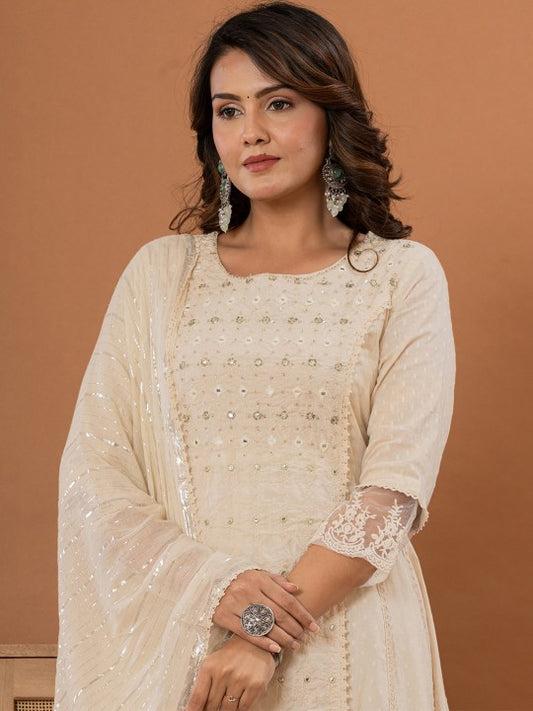 Varanga Floral Thread & Mirror Embroidered Panelled Anarkali Kurta With Trousers & Dupatta