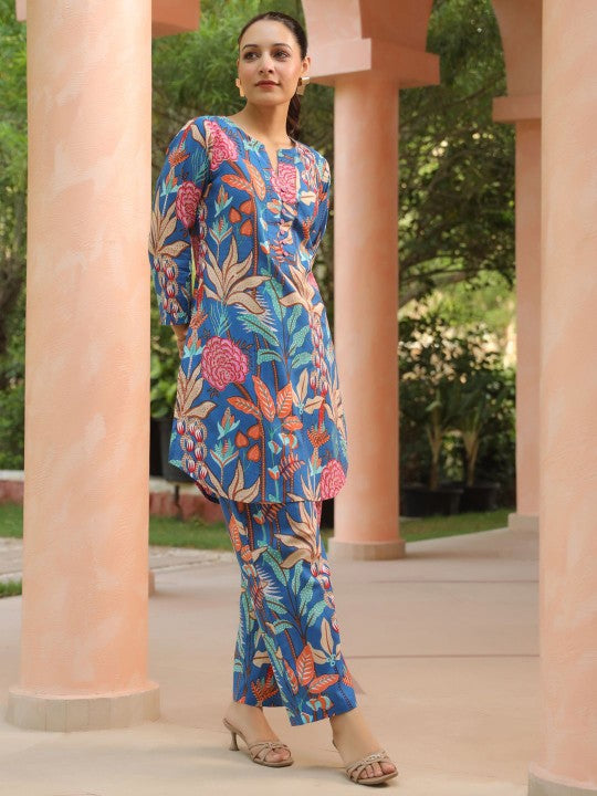 Floral Printed Pure Cotton Tunic With Trouser