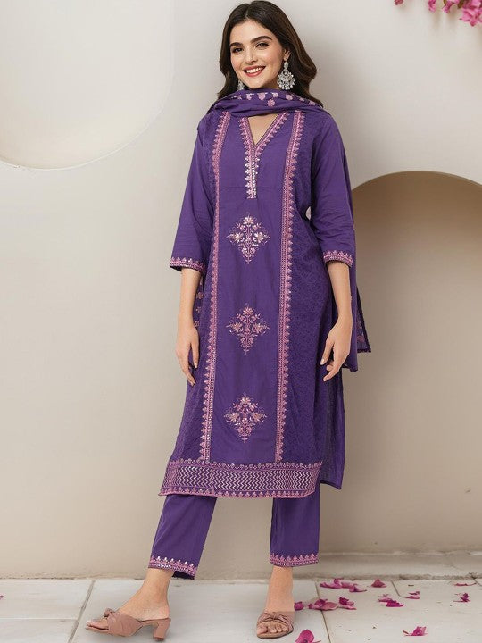 Ishin Floral Embroidered Regular Pure Cotton Straight Kurta with Trousers & Dupatta