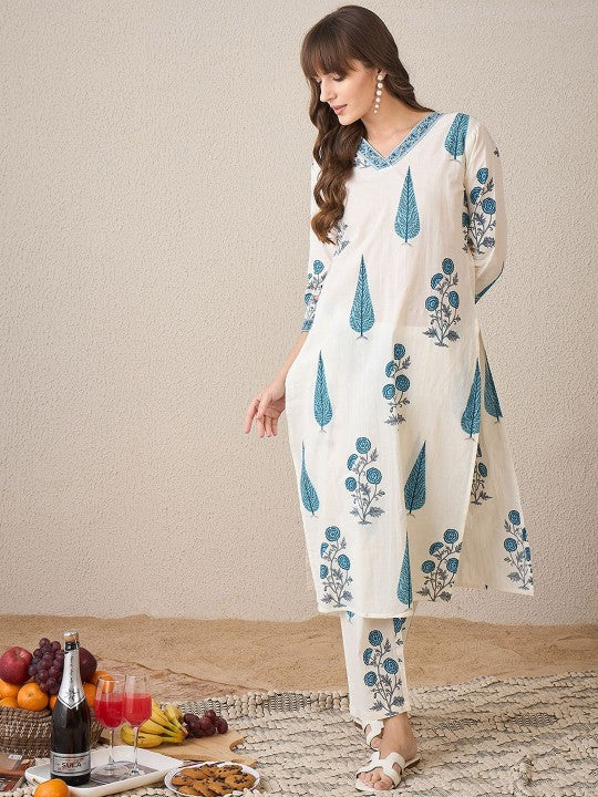 Indo Era Printed V-Neck Pure Cotton Tunic With Trouser