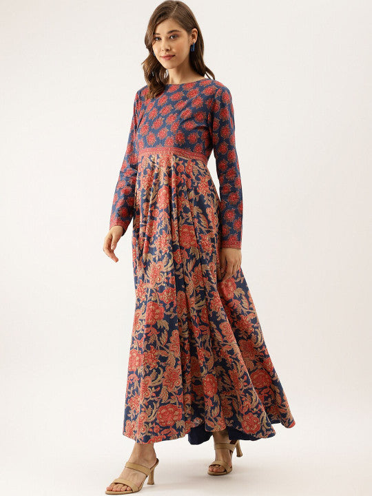Divena Floral Printed Pure Cotton Fit and Flare Maxi Ethnic Dress
