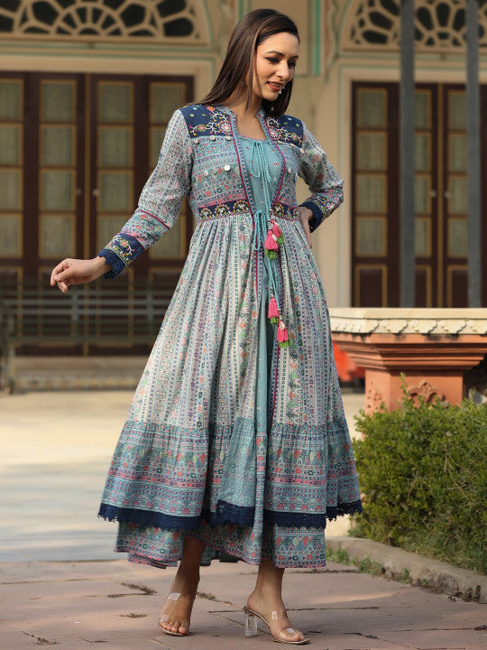 Printed Cotton Maxi Dress With Jacket
