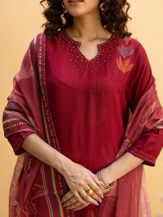 AUTUMN LANE Floral Printed Beads and Stones Straight Kurta with Trousers & Dupatta