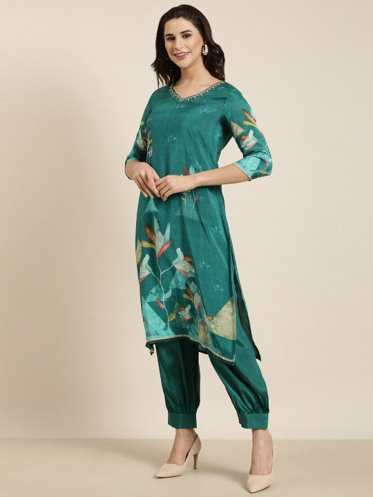Floral Printed V-Neck Sequinned Kurta with Patiala & With Dupatta