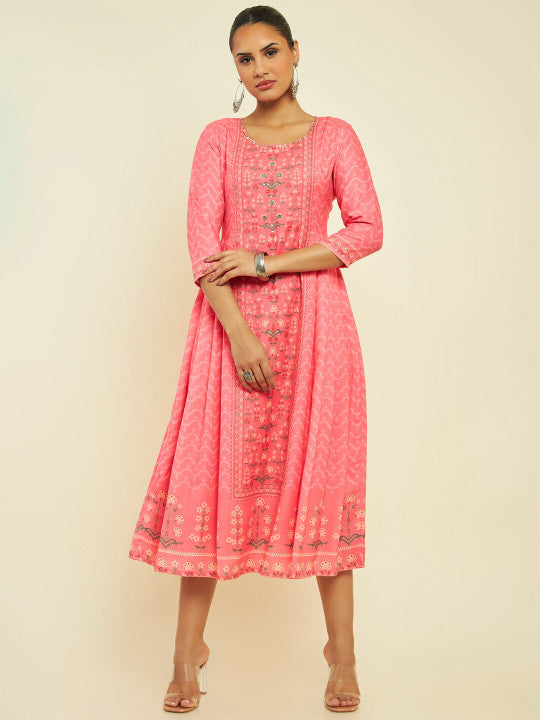 Neck Ethnic Motifs Printed Cotton Fit and Flare Ethnic Dress