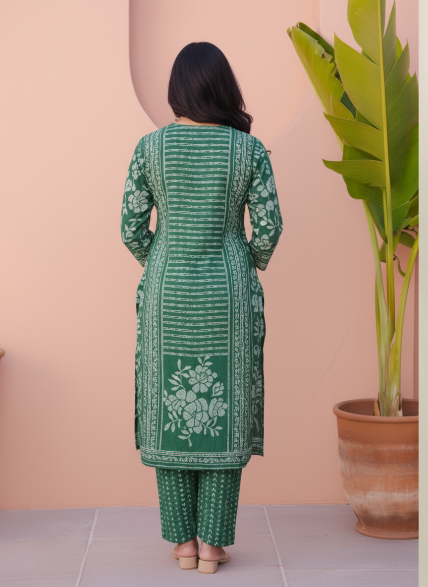 Soft Cotton Placement Print Straight Green Kurta