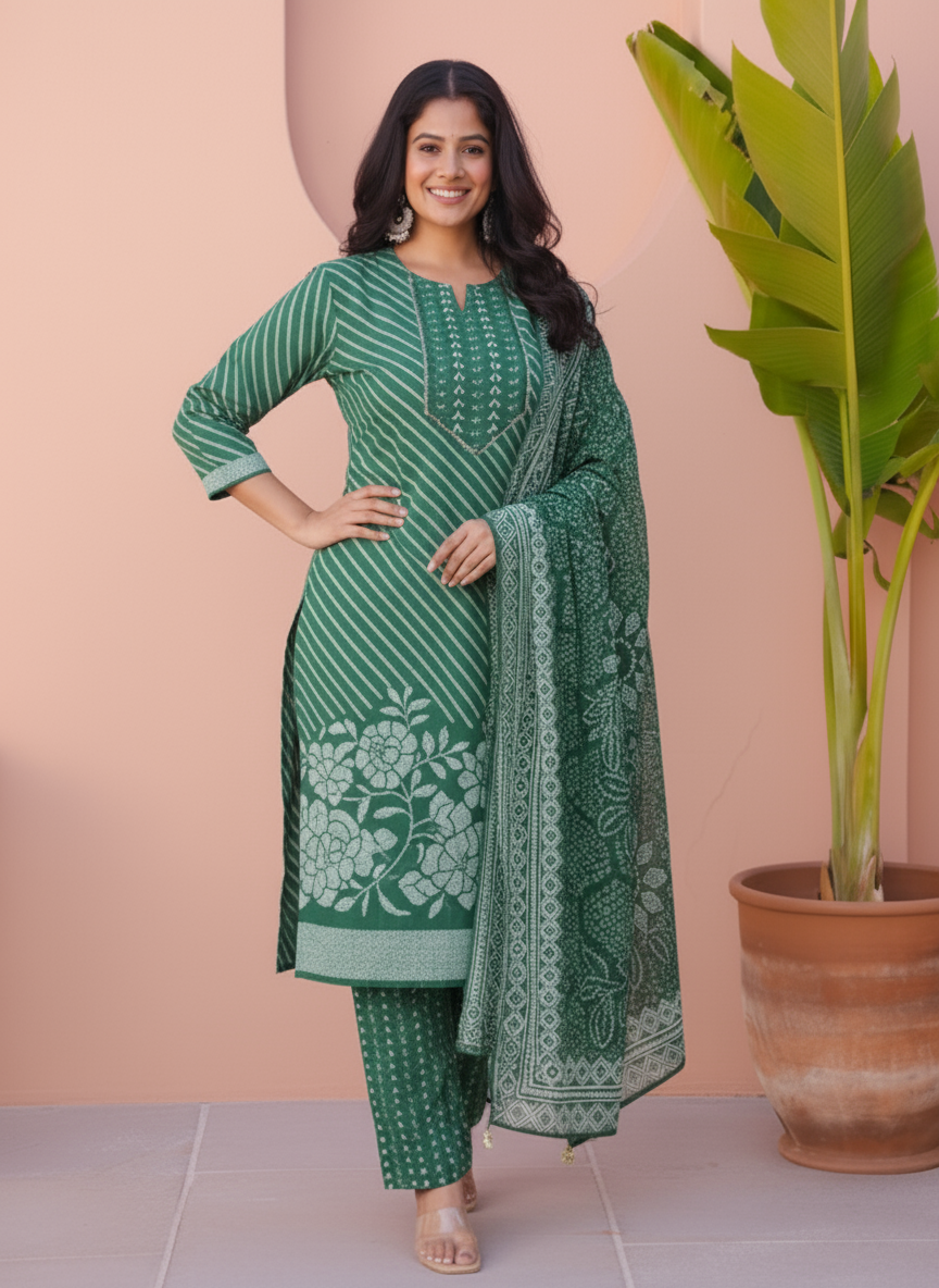 Soft Cotton Placement Print Straight Green Kurta