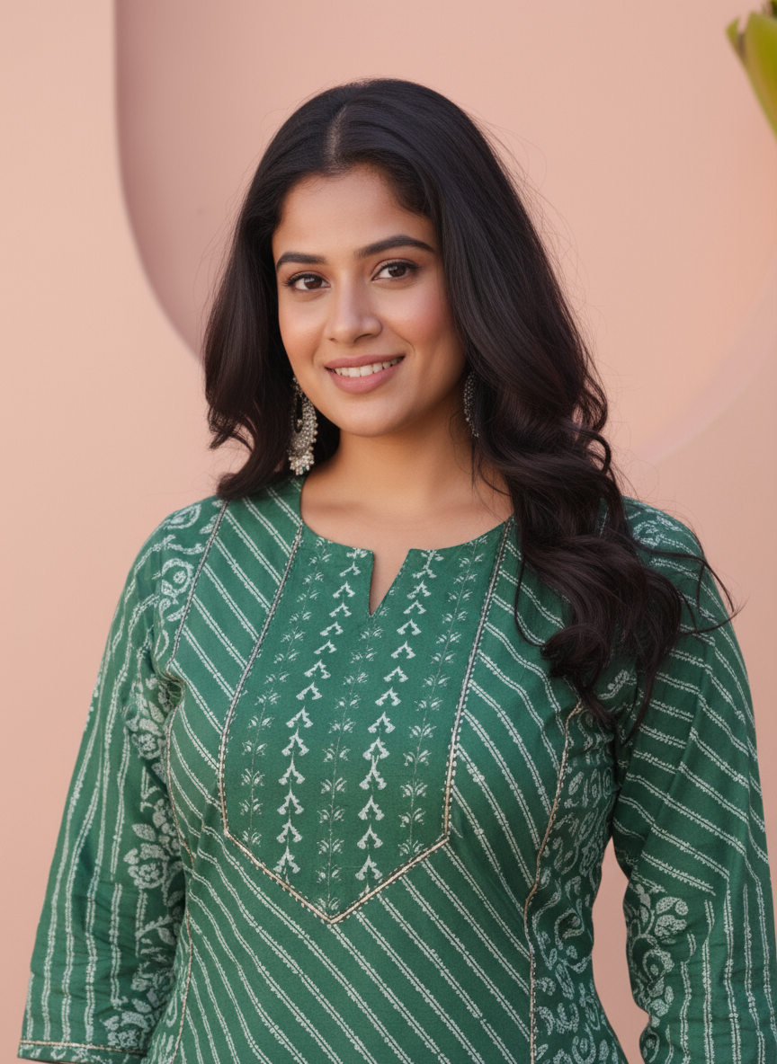 Soft Cotton Placement Print Straight Green Kurta