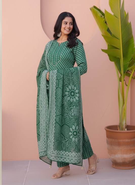 Soft Cotton Placement Print Straight Green Kurta