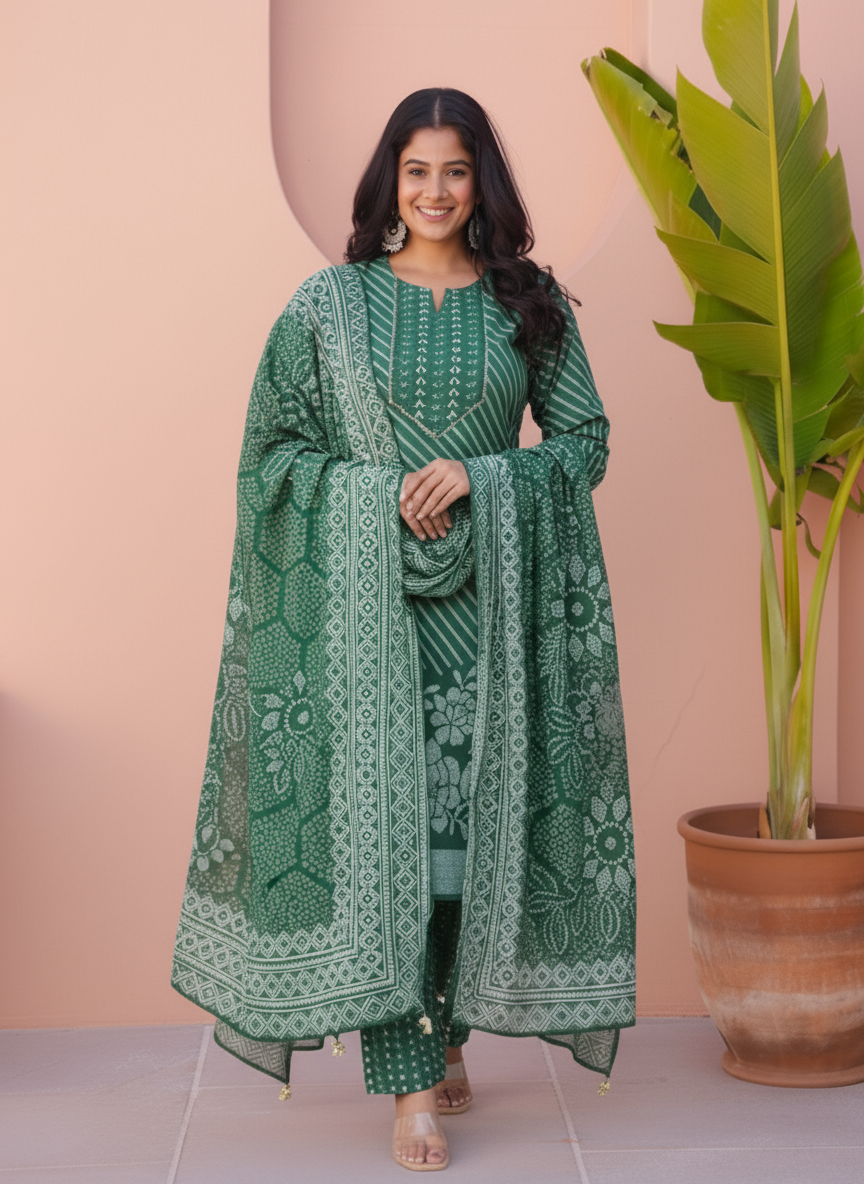 Soft Cotton Placement Print Straight Green Kurta